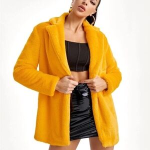 KHILLERCO Vibrant Yellow Faux Fur Coat